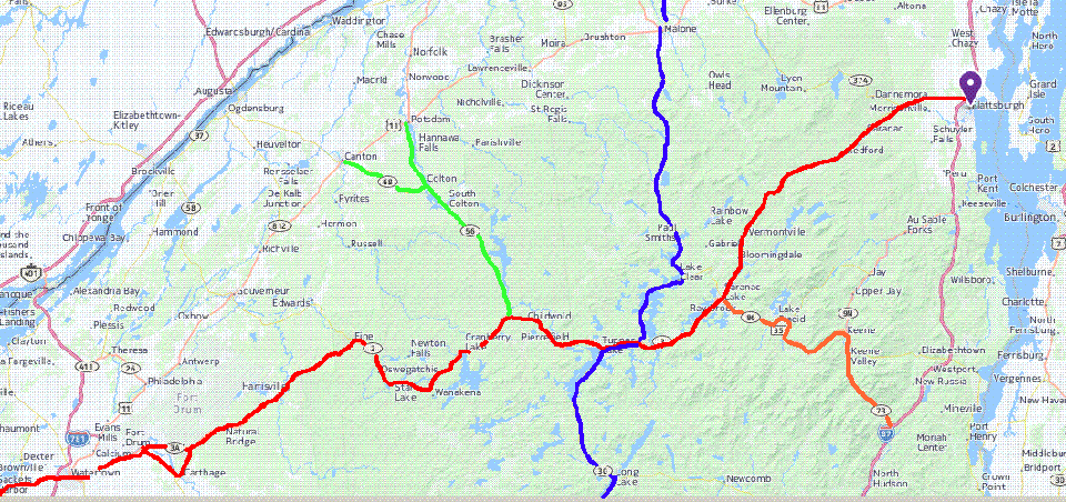 Map of Northern Adirondacks Route 3  from Plattsburgh to Watertown via Saranac Lake + Tupper Lake