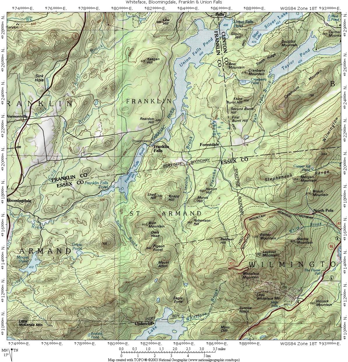 Whiteface Mt., Franklin and Union Falls, Bloomingdale and the Saranac River Topographic Map